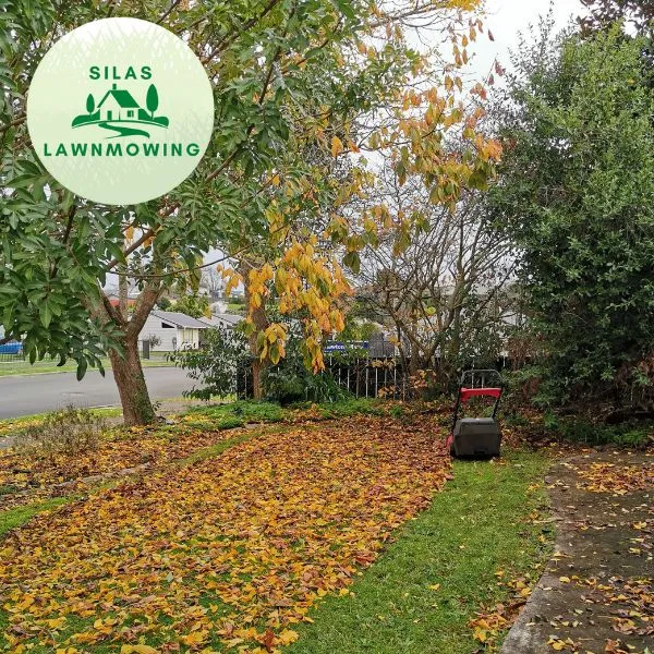 Mower on a lawn covered in autumn leaves under a tree in West Auckland