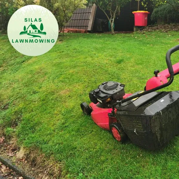 Red mower on a freshly cut lawn beside a fence and garden shed in Glen Eden
